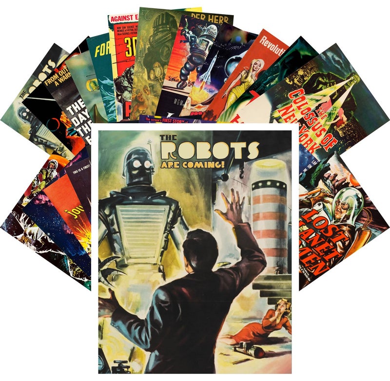 PIXILUV Vintage PostCards 24 pcs Robots Are Coming Vintage Movie Poster SciFi Space Battle - Image 1